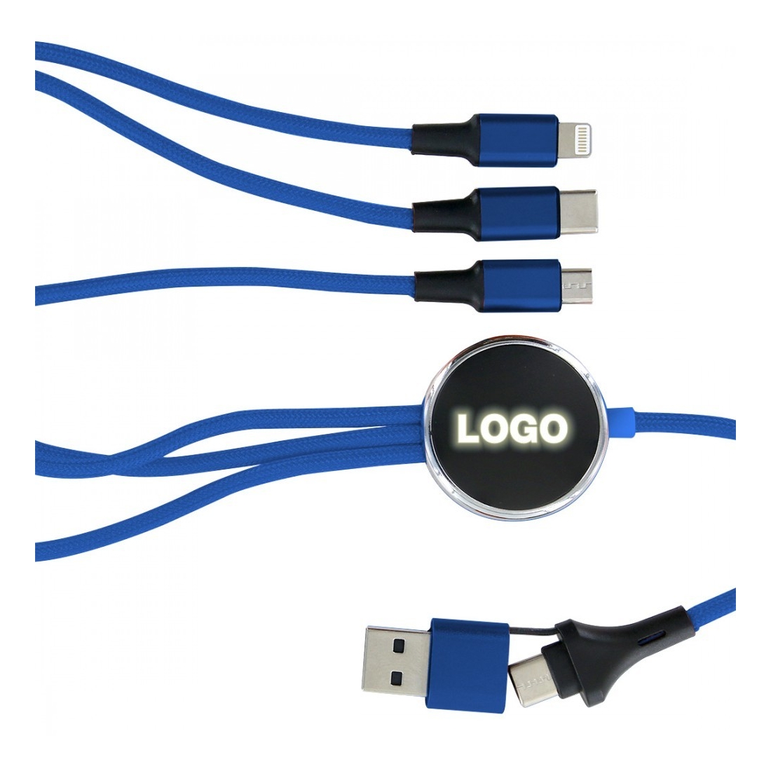 Câble de charge 5 en 1 avec porte logo lumineux à Led rond - Bleu