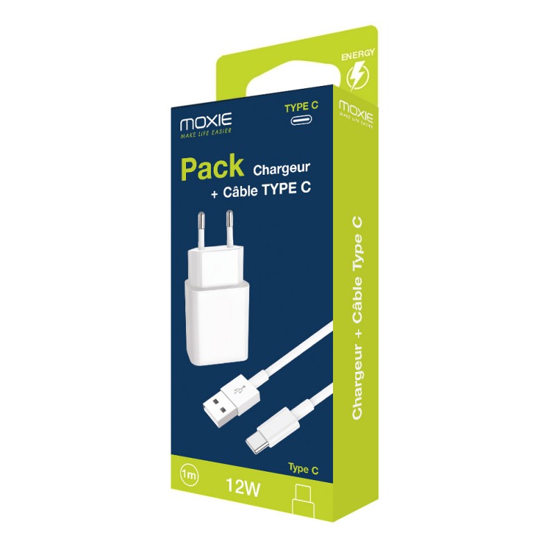 Pack chargeur secteur 2.4A + 1 câble Type-C 1mètre - blanc