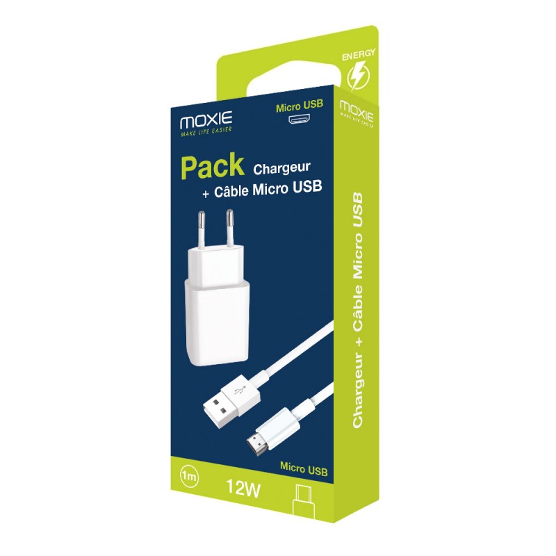 Pack chargeur secteur 2.4A + 1 câble Micro USB 1mètre - blanc