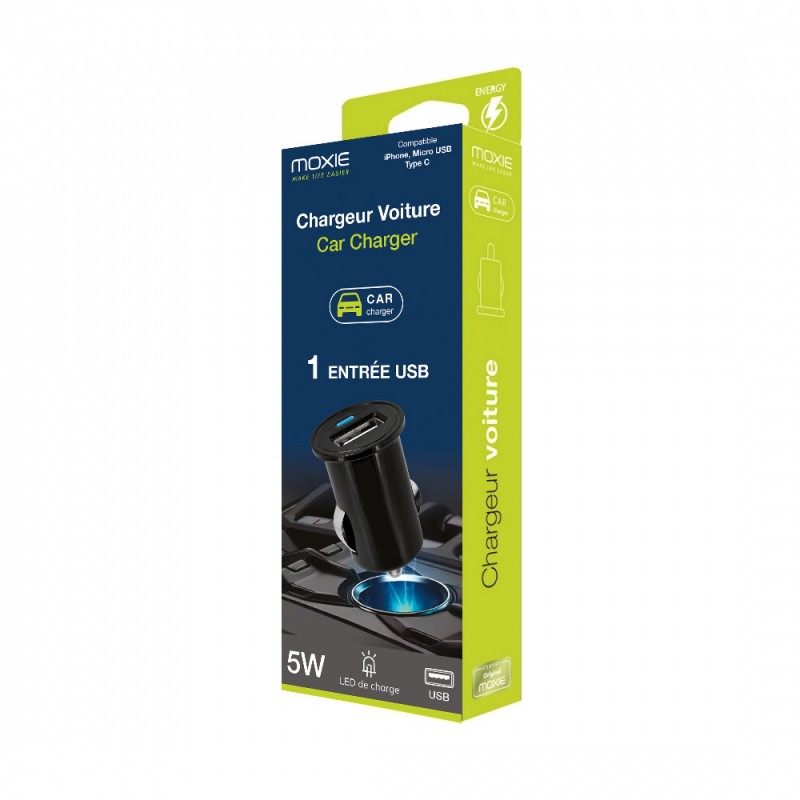 Mini chargeur allume-cigare universel 1A avec 1 entrée USB pour 1 smartphone
