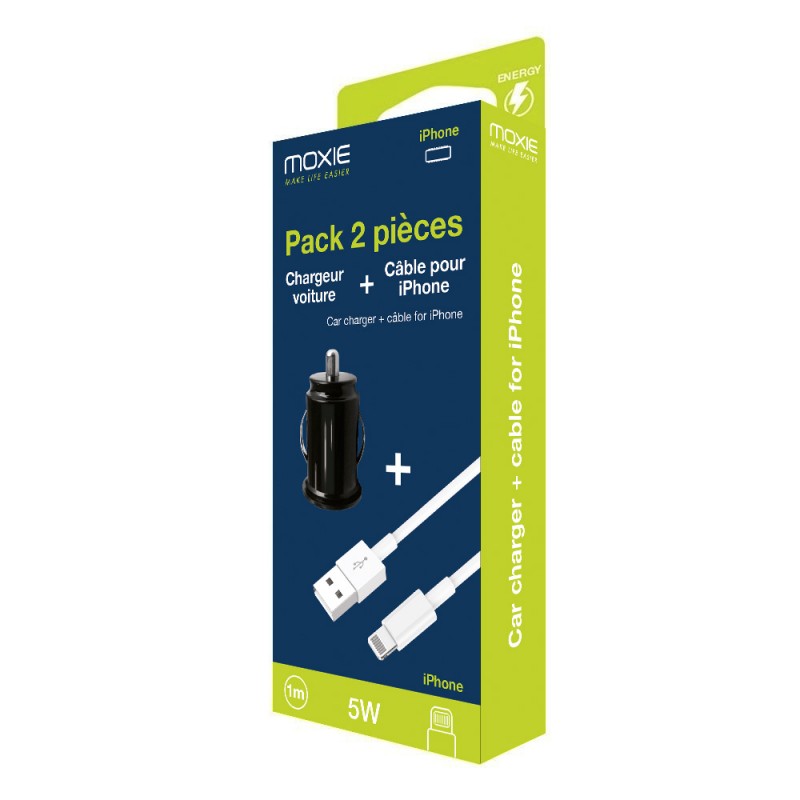 Chargeur voiture entrée USB + câble de charge Blanc pour iPhone  - sous packaging