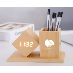 Horloge / pot à crayon en bois - bois foncé