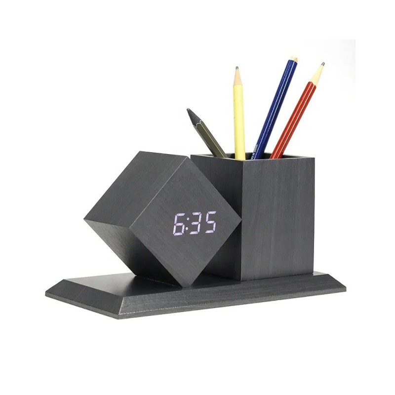 Horloge / pot à crayon en bois - noir