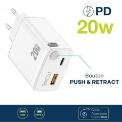 Chargeur secteur Fast charge 20W avec cable retractable Type-C