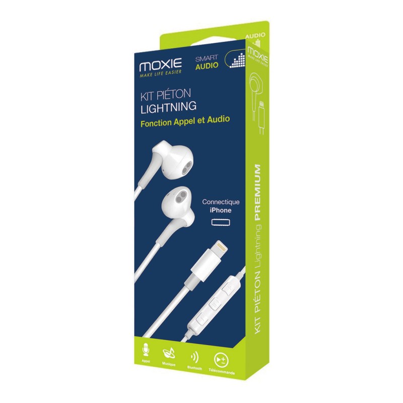 Moxie Kit piéton stéréo Lightning compatible iPhone 7 jusqu'à iPhone 14 Pro Max - Blanc