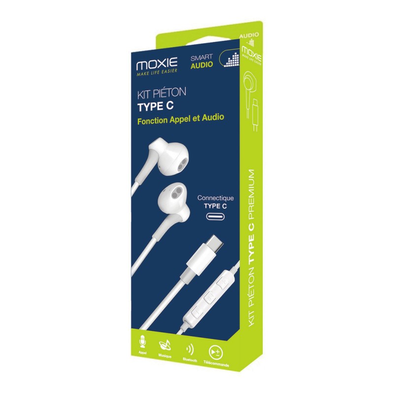 Kit piéton stéréo Moxie avec micro connectique Type-C - Sous packaging