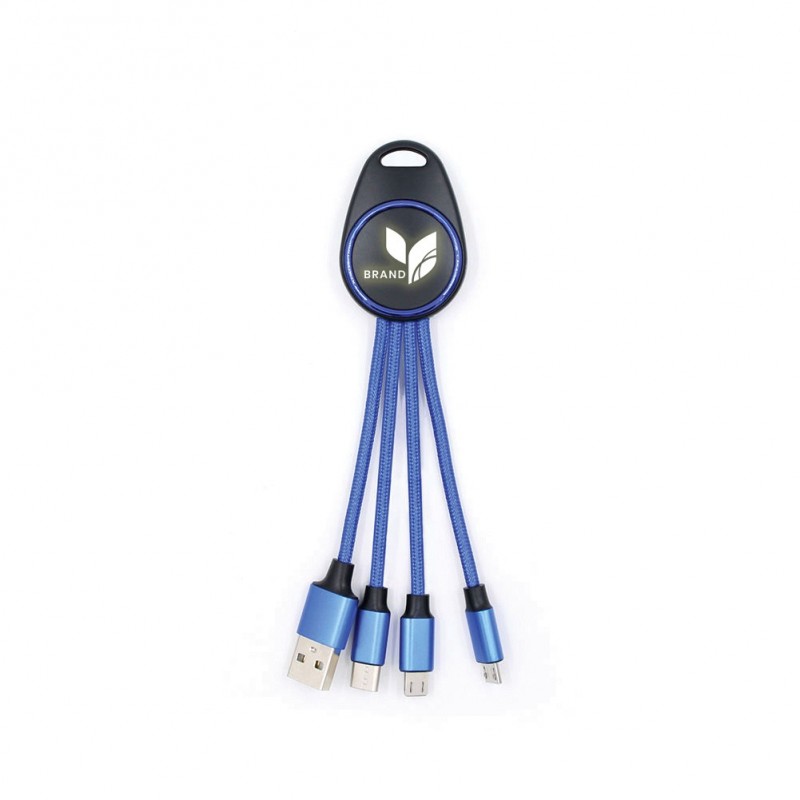 Porte clef lumineux avec câble data 3en1 - Bleu