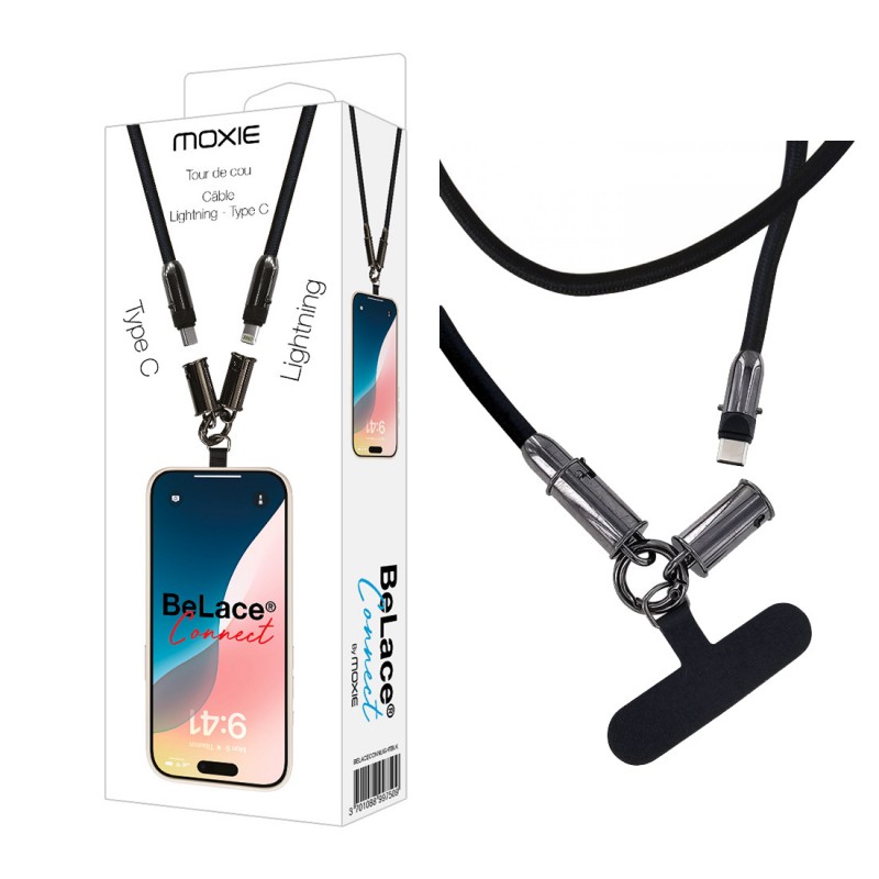 Tour de cou 1.2m avec cable intégré Type-C vers lightning - Noir