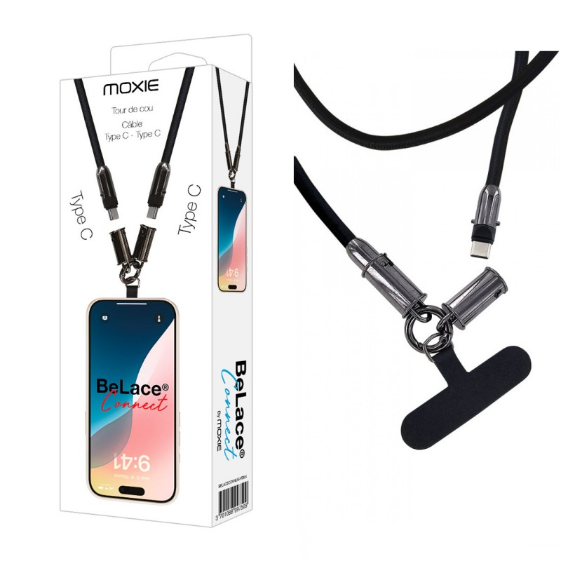 Tour de cou 1.2m avec cable intégré Type-C vers Type-C - Noir