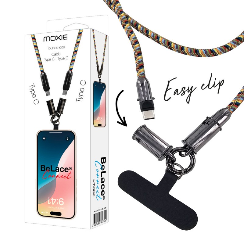 Tour de cou 1.2m avec cable intégré Type-C vers Type-c - multicouleur