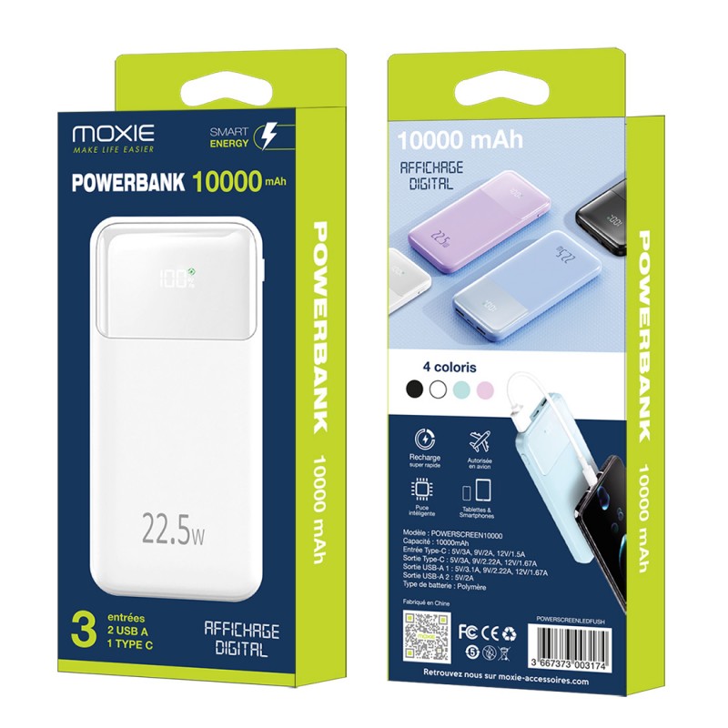 Batterie de secours avec affichage digital capacité 10000 mAh - blanc