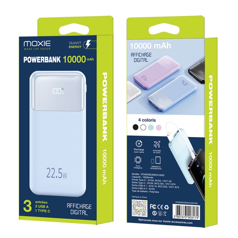 Batterie de secours avec affichage digital capacité 10000 mAh - Bleu clair