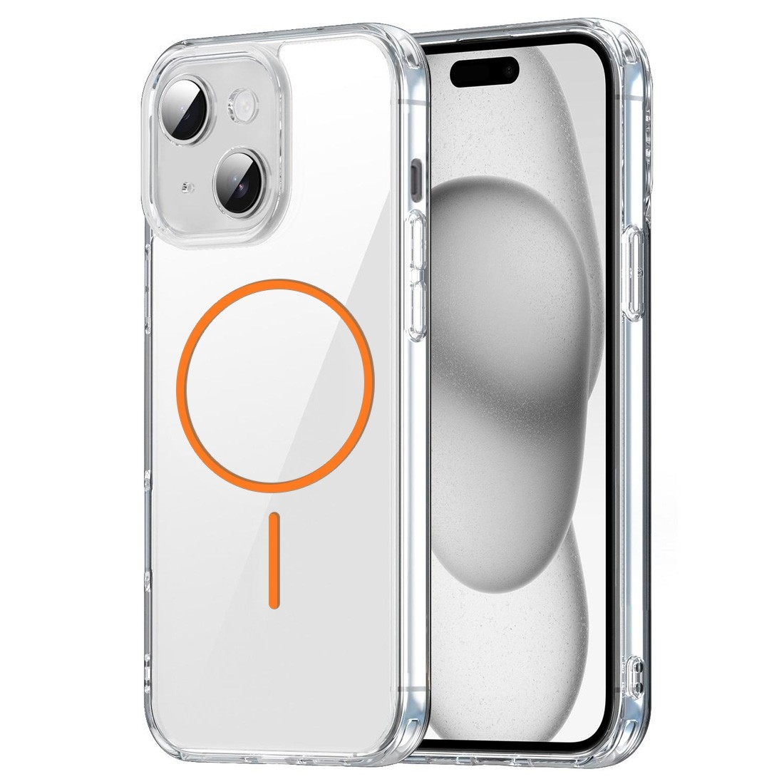Coque renforcée transparente iPhone 15 avec magsafe couleur orange