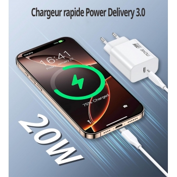 Chargeur secteur rapide 20W Power delivery avec sortie Type C