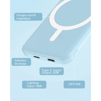 Batterie de secours MagSafe 5000mah charge rapide - Bleu clair