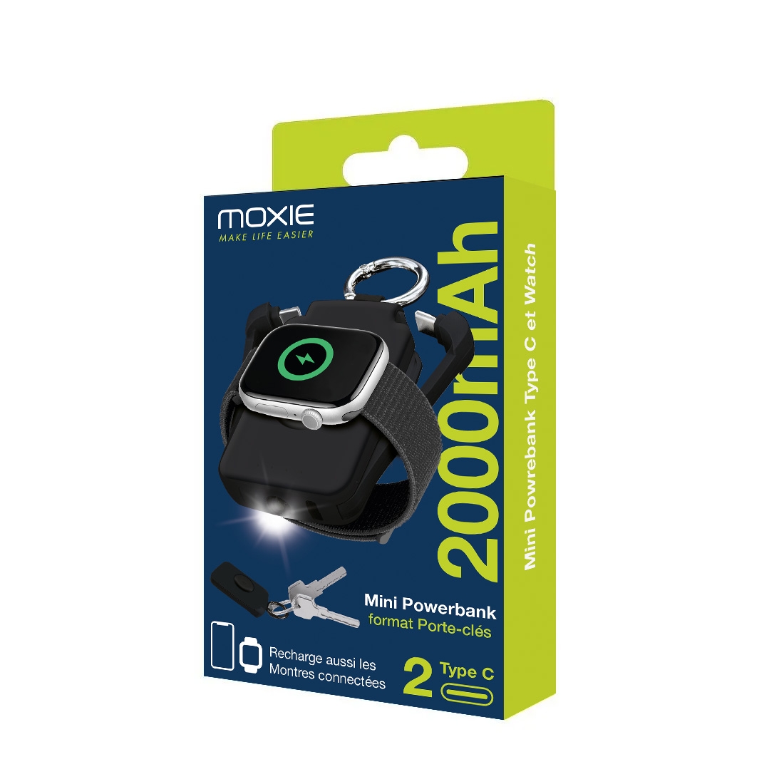 Powerbank Porte Clefs 2000mah Lightning / Type C + Apple watch - Noir
