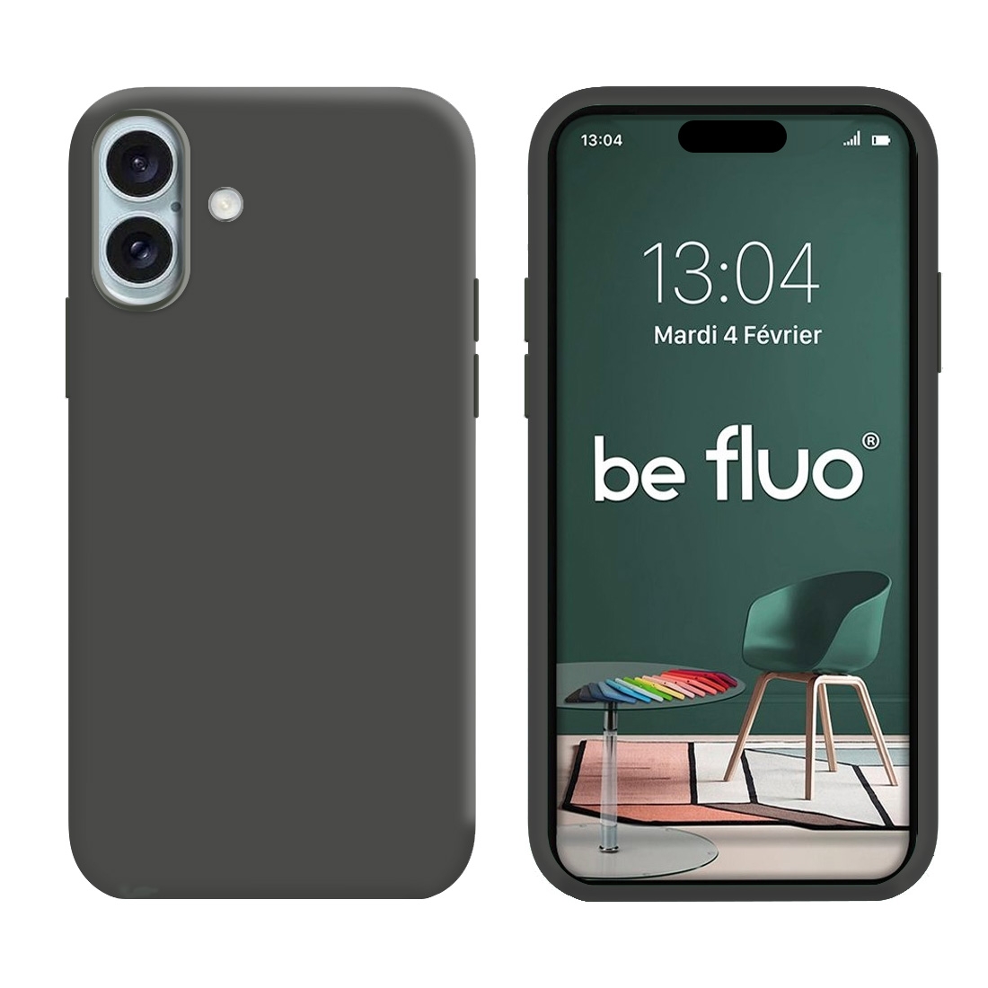 Coque Silicone Moxie BeFluo Fine et Légère pour iPhone 16, Intérieur Microfibre - Gris anthracite