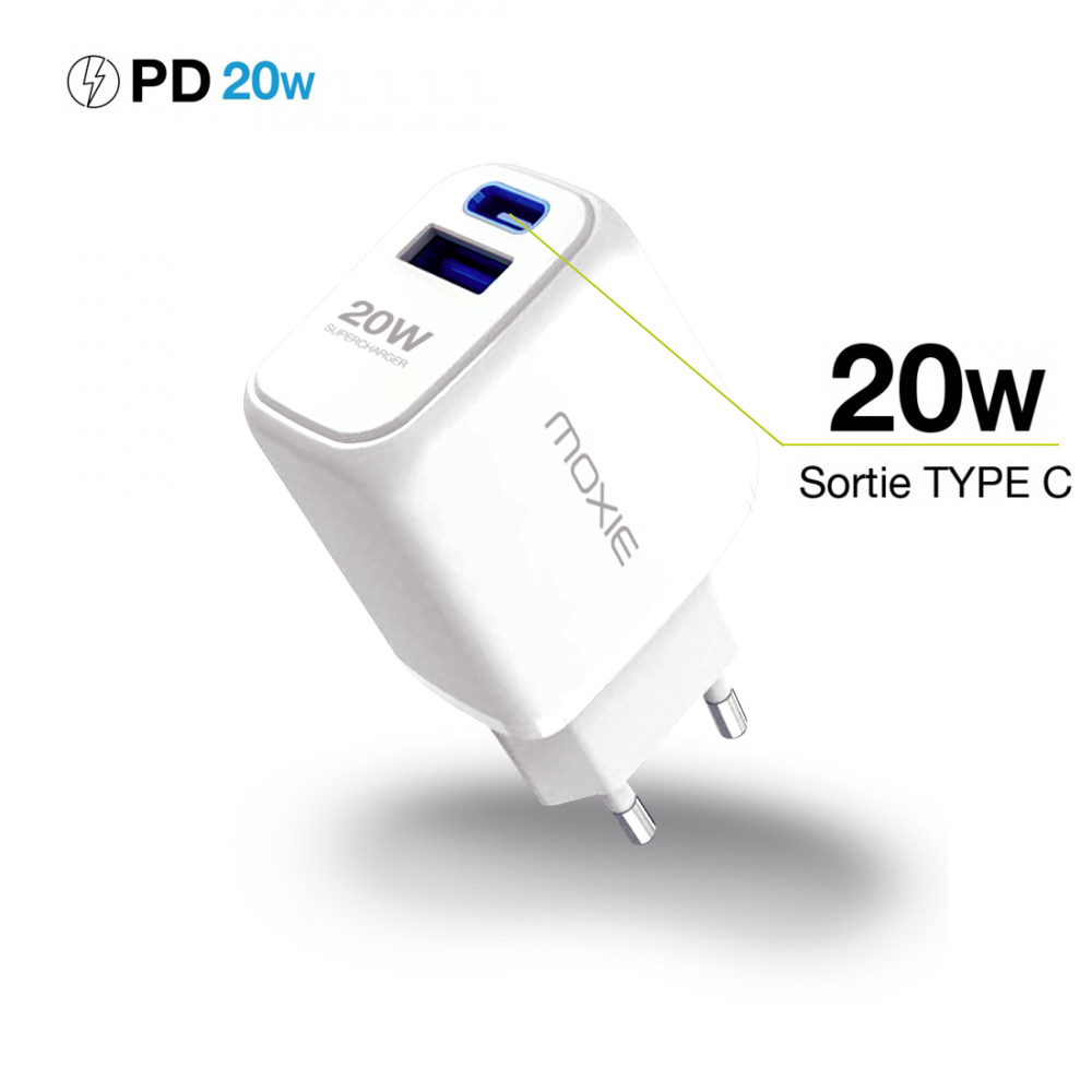 Chargeur Secteur Moxie Duo charge rapide avec 2 Entrées USB - Blanc